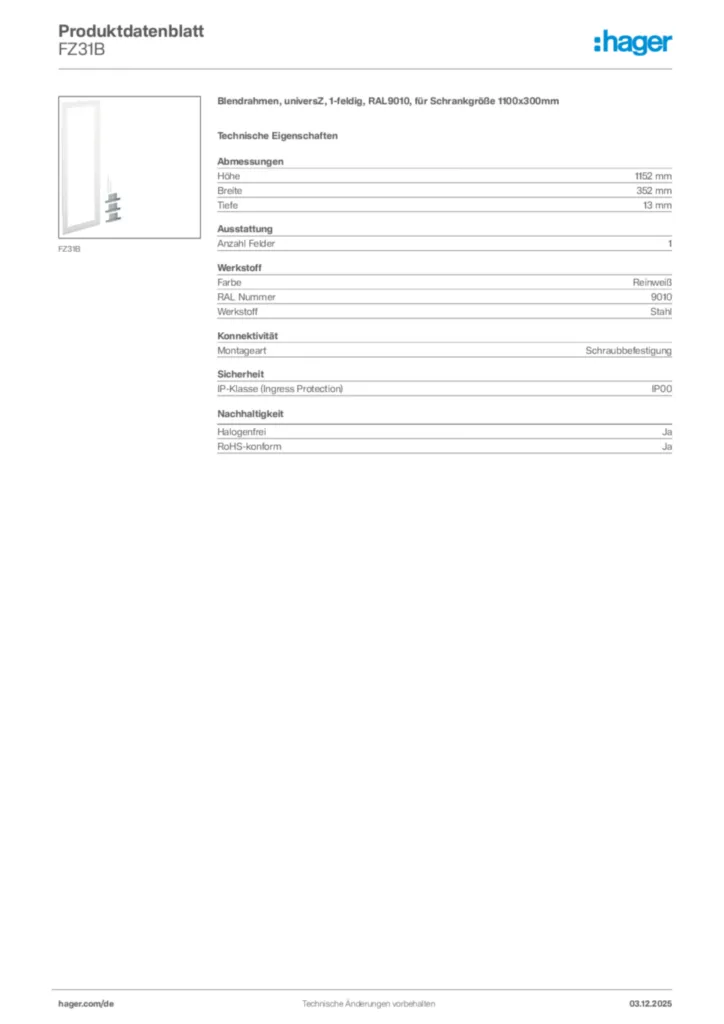 Hager Produktdatenblatt FZ31B