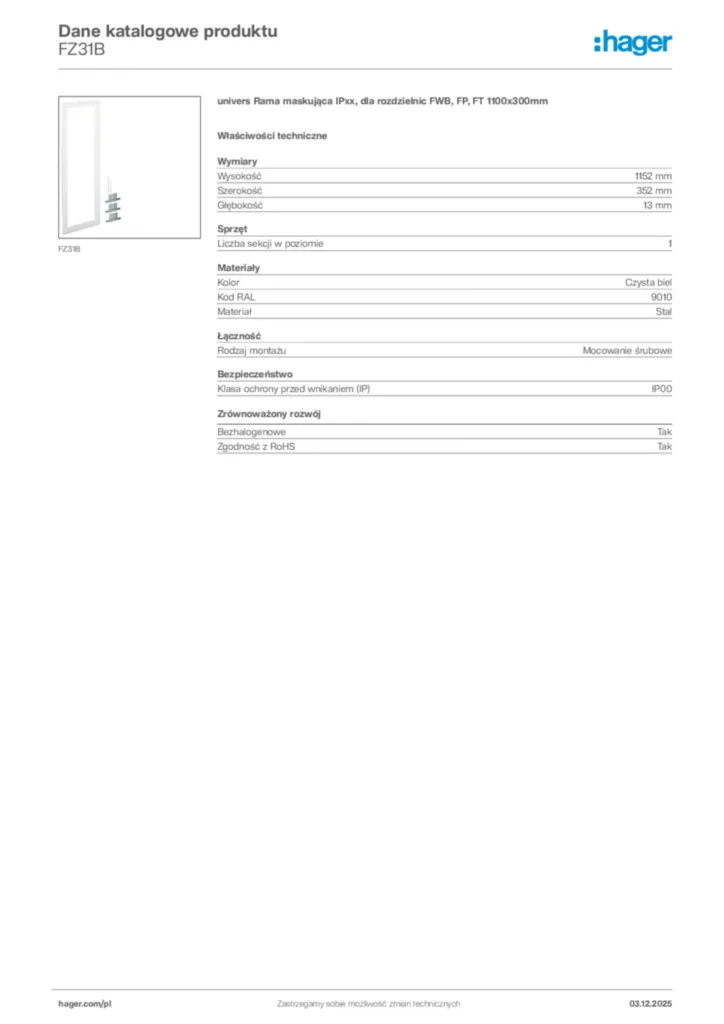 Zdjęcie Hager Dane katalogowe produktu FZ31B | Hager Polska