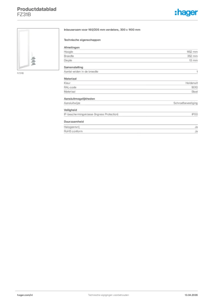 Afbeelding Hager Productdatablad FZ31B | Hager Nederland