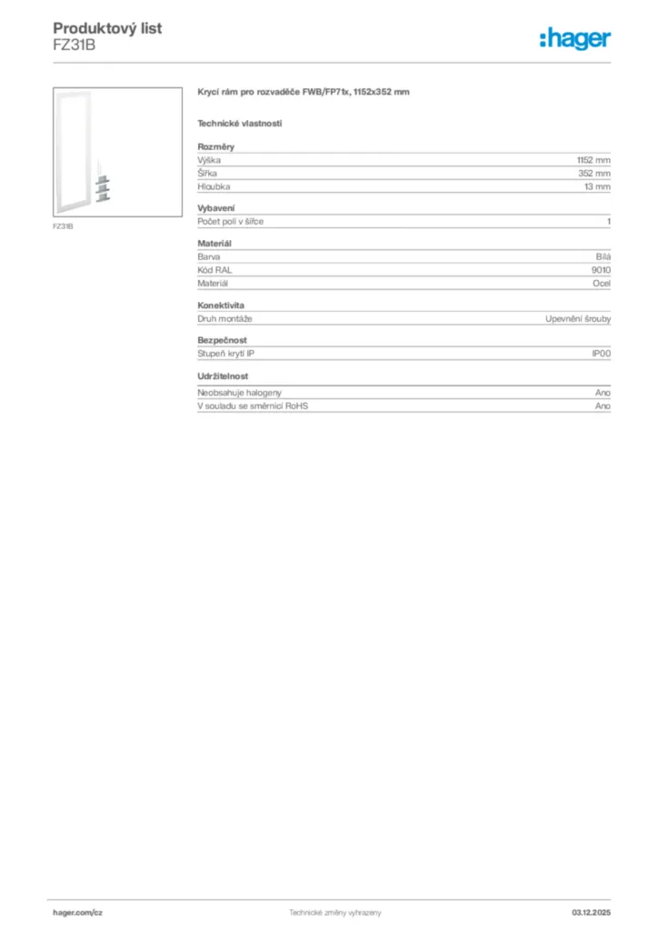 Obrázek Hager Product data sheet FZ31B | Hager