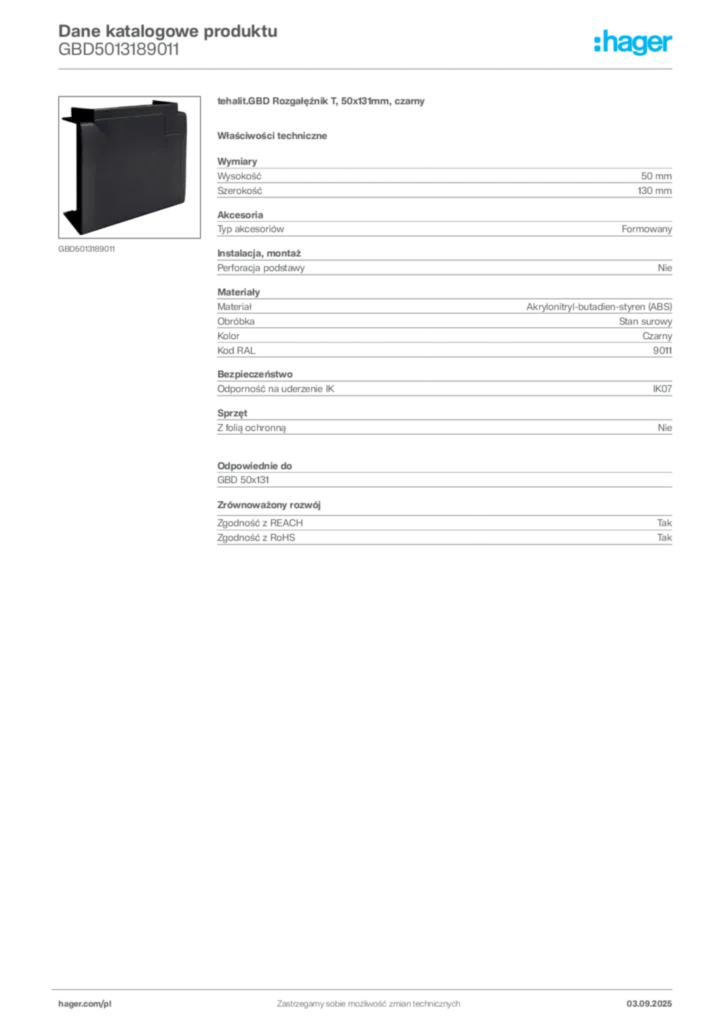 Zdjęcie Hager Dane katalogowe produktu GBD5013189011 | Hager Polska