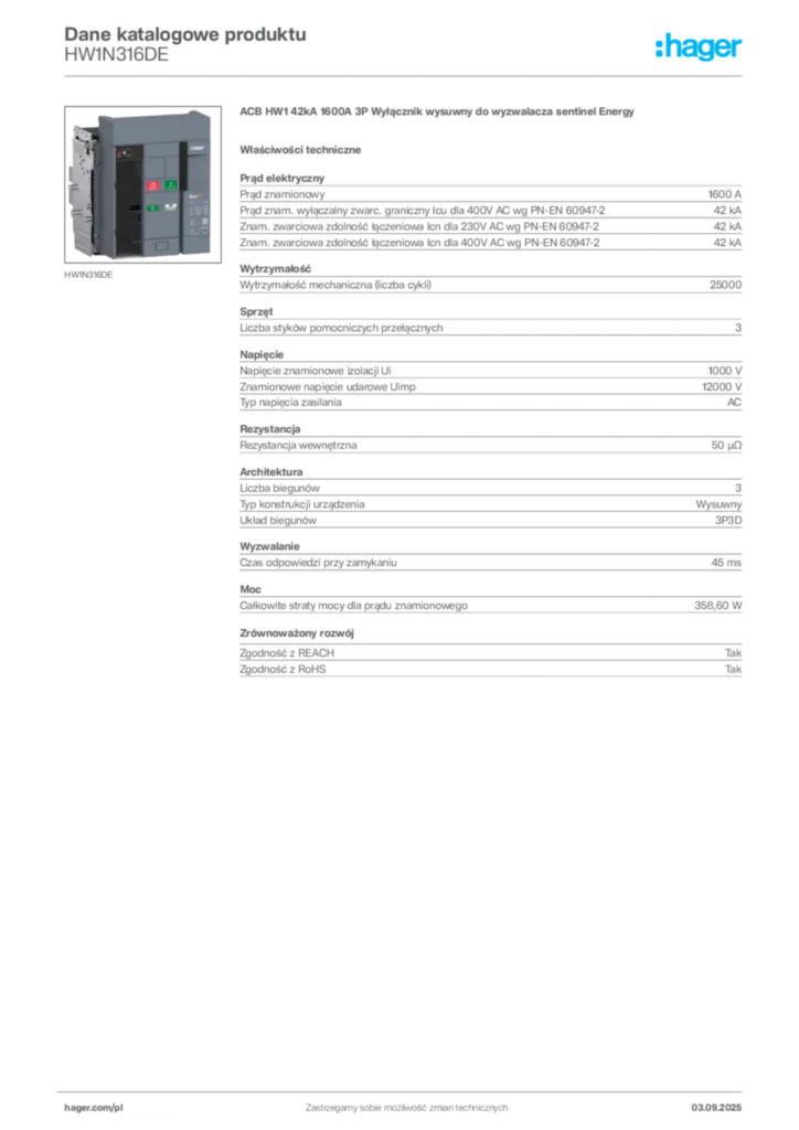 Zdjęcie Hager Dane katalogowe produktu HW1N316DE | Hager Polska