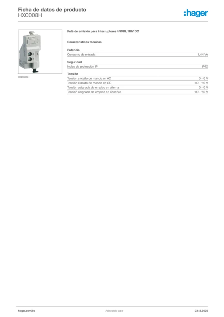 Imagen Hager Ficha de datos de producto HXC008H | Hager España