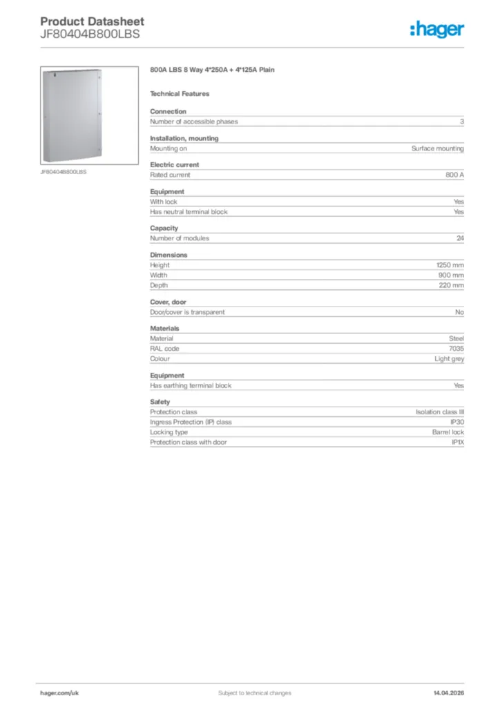 Image Hager Product data sheet JF80404B800LBS  | Hager
