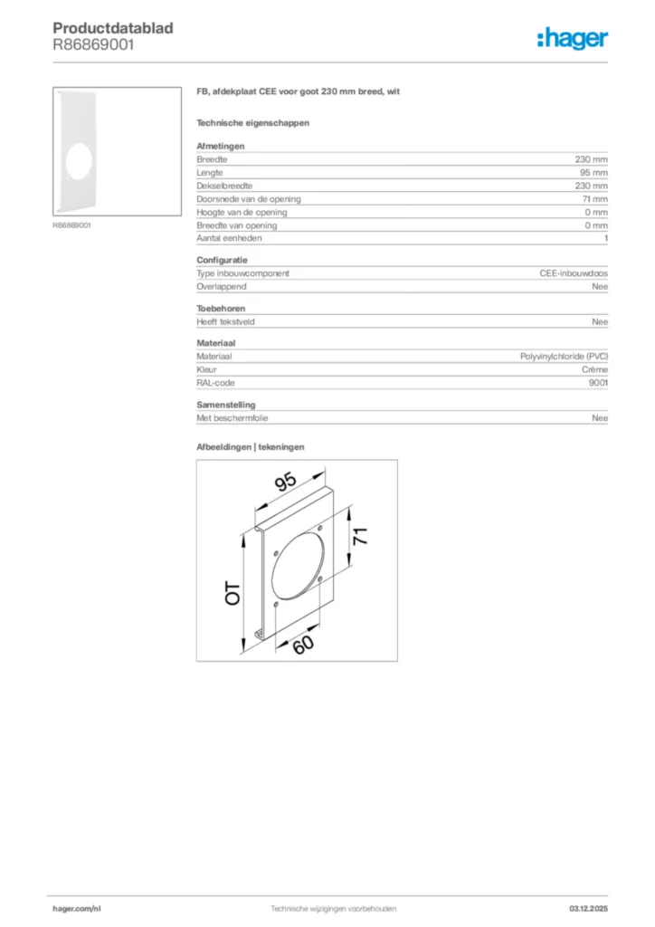 Afbeelding Hager Productdatablad R86869001 | Hager Nederland