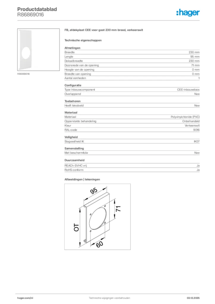 Afbeelding Hager Productdatablad R86869016 | Hager Nederland