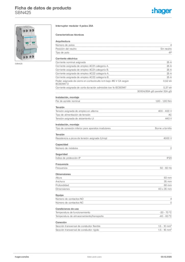 Imagen Hager Ficha de datos de producto SBN425 | Hager España
