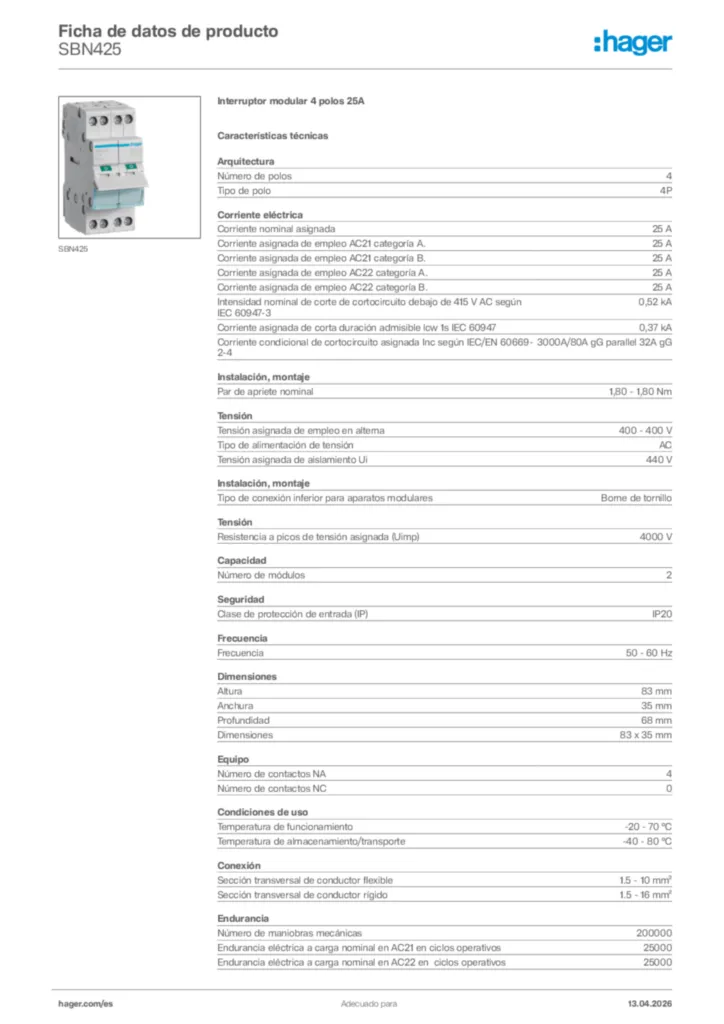 Imagen Hager Ficha de datos de producto SBN425 | Hager España