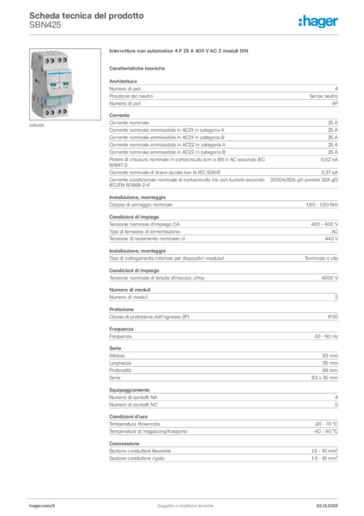 Immagine Hager Scheda tecnica del prodotto SBN425 | Hager Italia