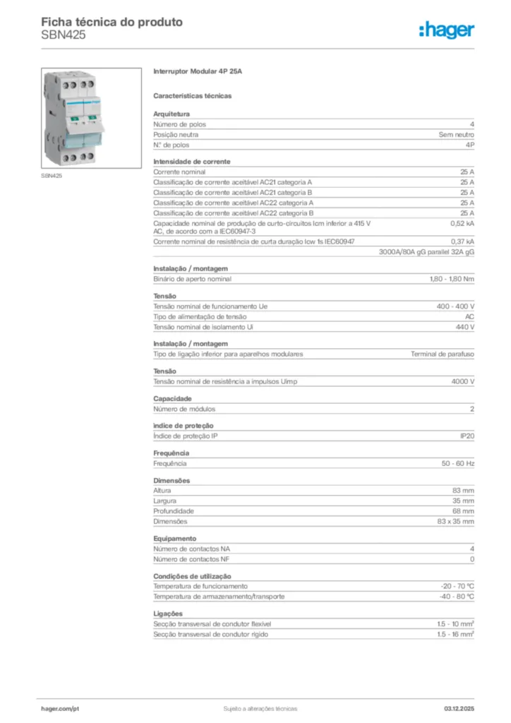 Imagem Hager Ficha técnica do produto SBN425 | Hager Portugal