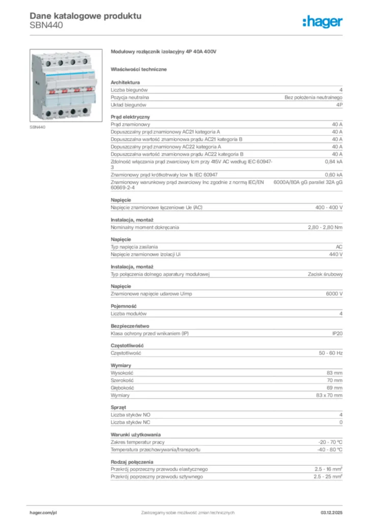 Zdjęcie Hager Dane katalogowe produktu SBN440 | Hager Polska