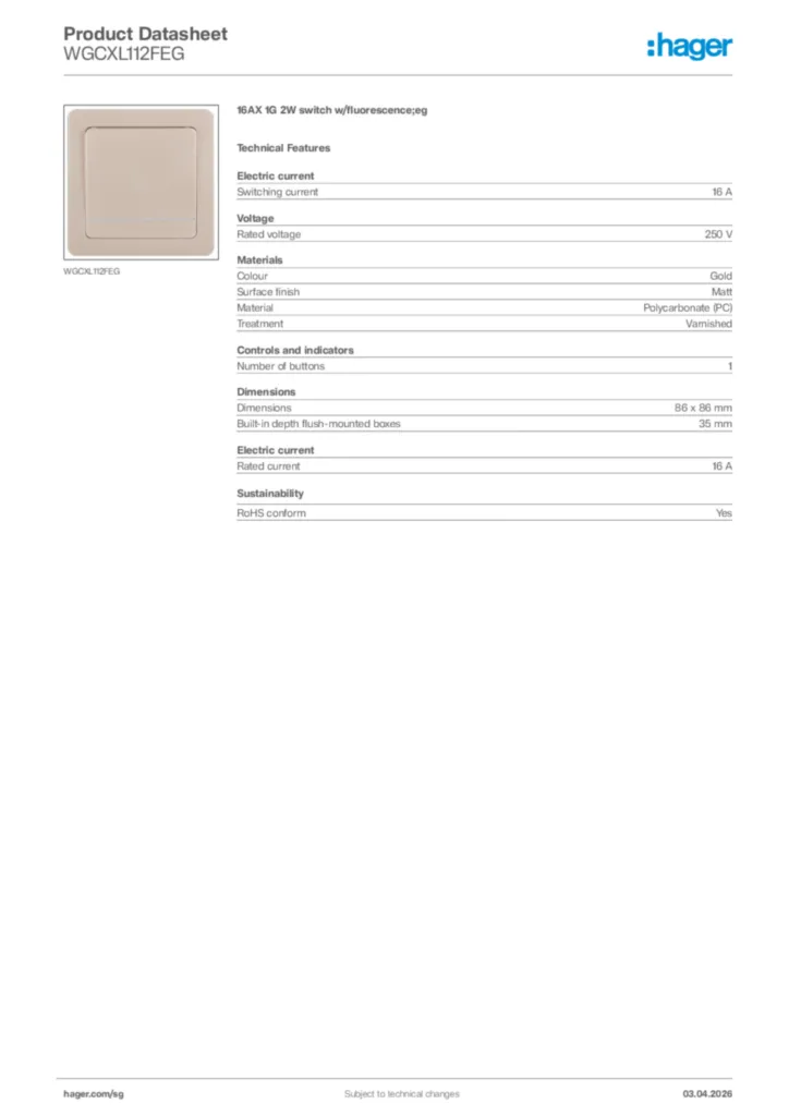 Image Hager Product data sheet WGCXL112FEG  | Hager