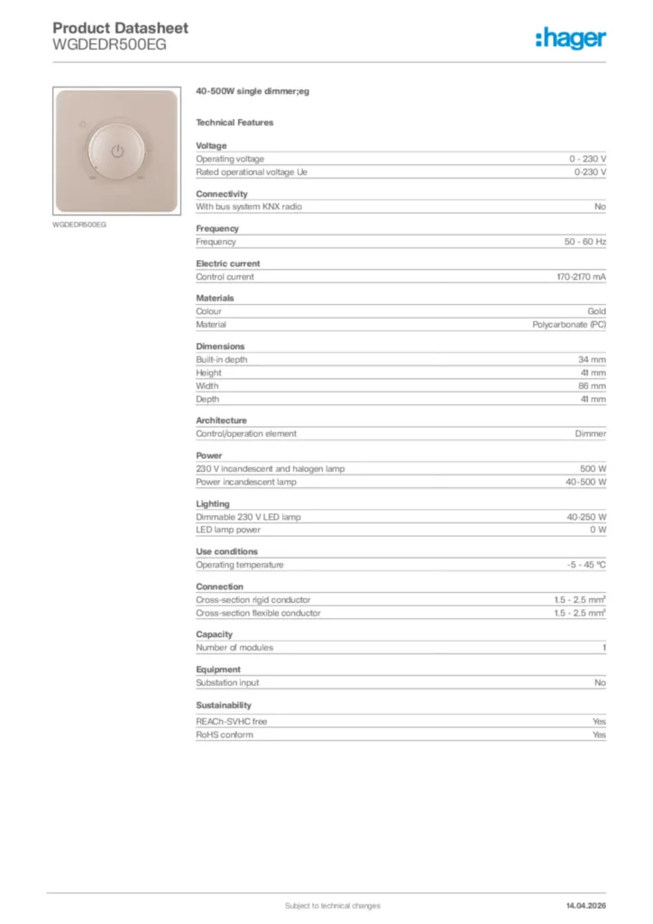 Image Hager Product data sheet WGDEDR500EG  | Hager Africa