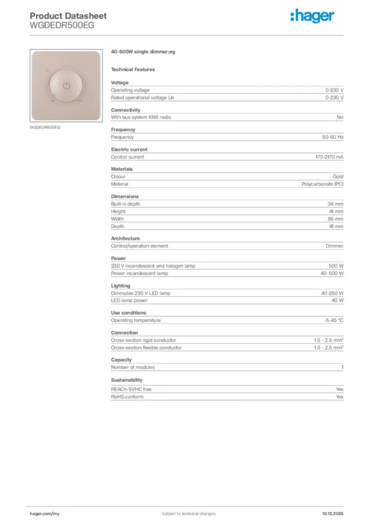 Image Hager Product data sheet WGDEDR500EG  | Hager