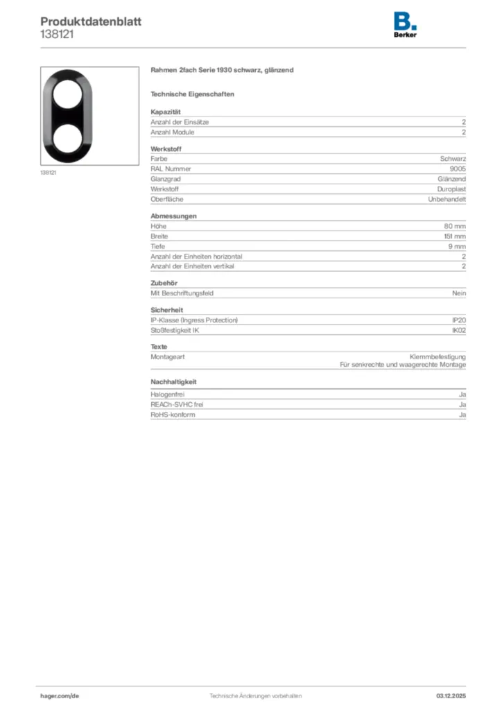 Bild Berker Produktdatenblatt 138121 | Hager Deutschland