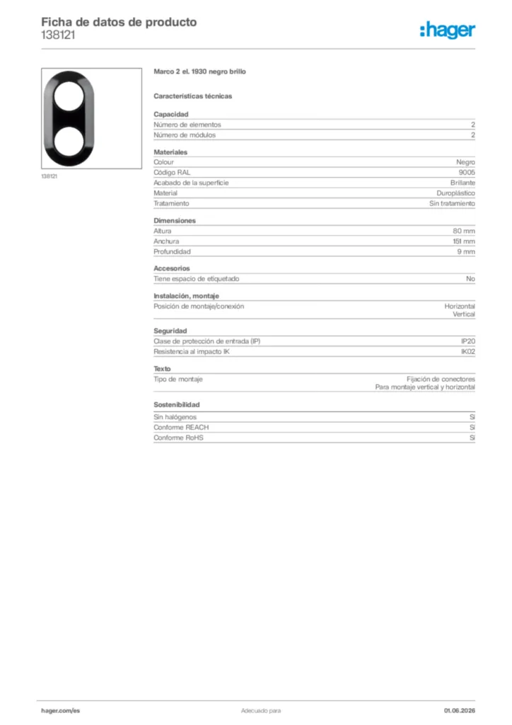Imagen Hager Ficha de datos de producto 138121 | Hager España