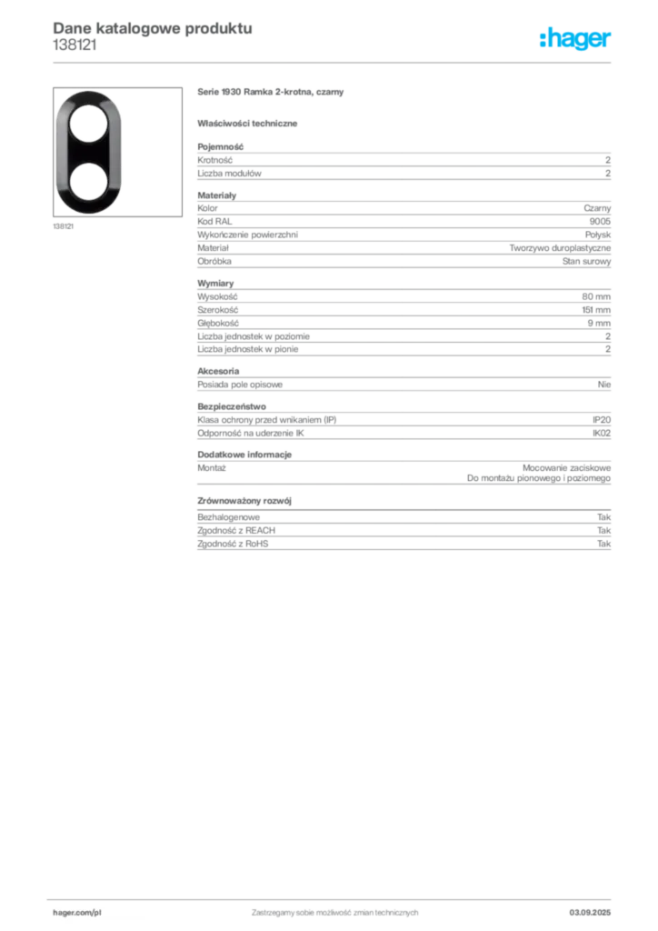 Zdjęcie Hager Dane katalogowe produktu 138121 | Hager Polska