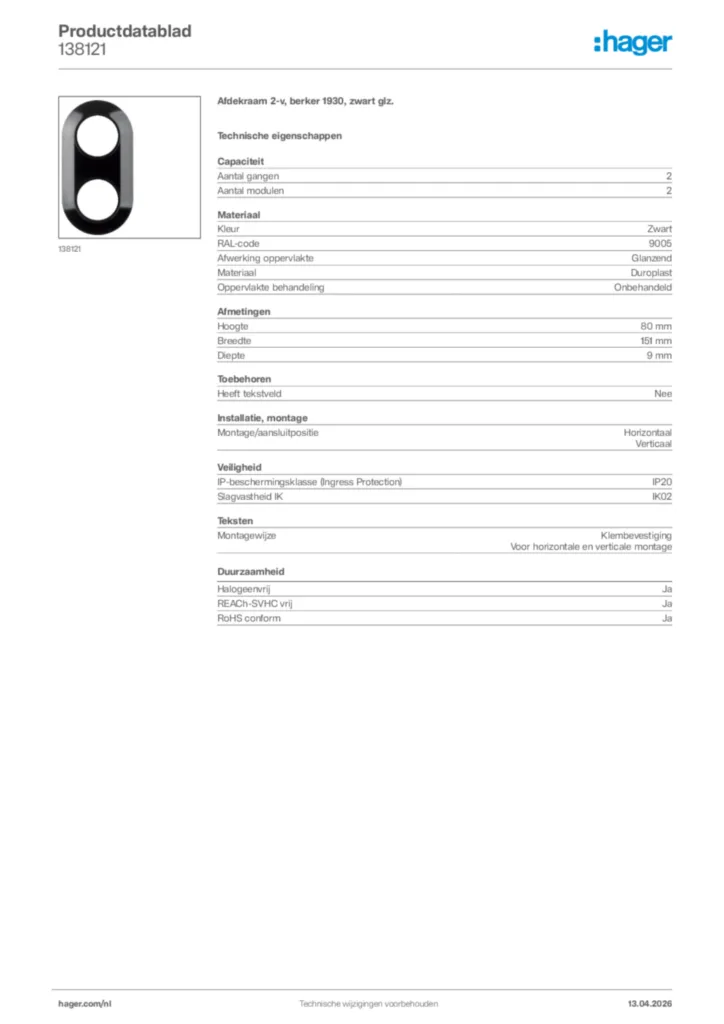 Afbeelding Hager Productdatablad 138121 | Hager Nederland