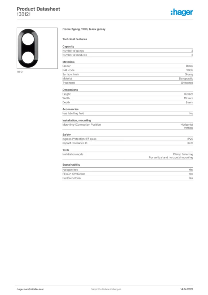 Image Hager Product data sheet 138121  | Hager