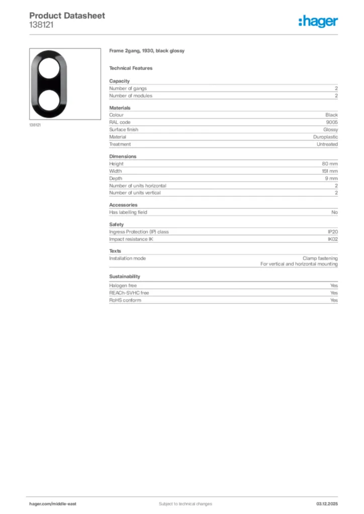 Image Hager Product data sheet 138121  | Hager