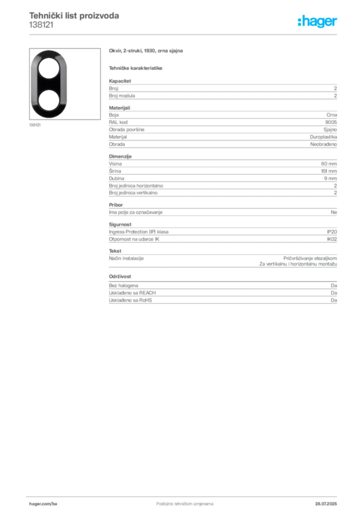 Slika Hager Product data sheet 138121  | Hager