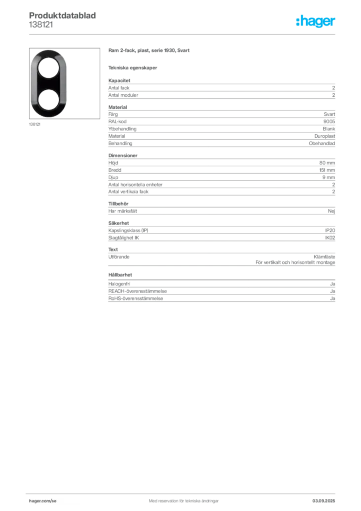 Bild Hager Produktdatablad 138121 | Hager Sverige