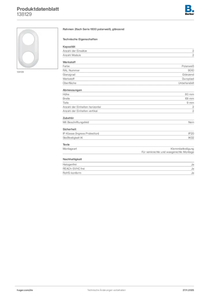 Bild Berker Produktdatenblatt 138129 | Hager Deutschland