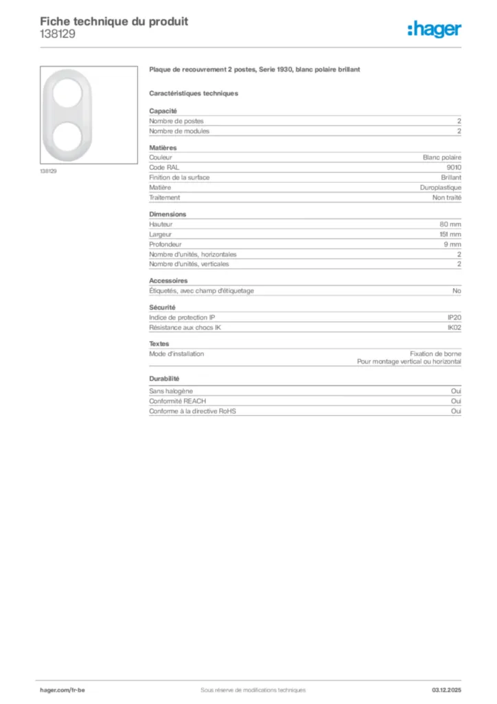 Image Hager Fiche technique du produit 138129 | Hager Belgique
