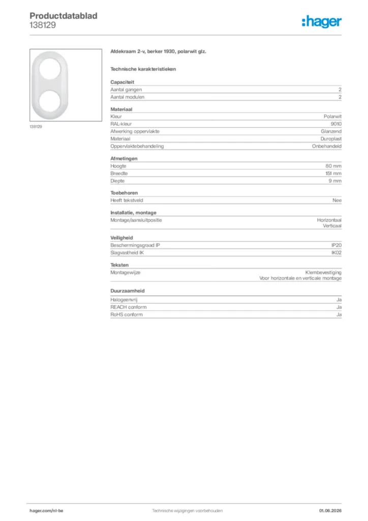 Afbeelding Hager Productdatablad 138129 | Hager Belgium