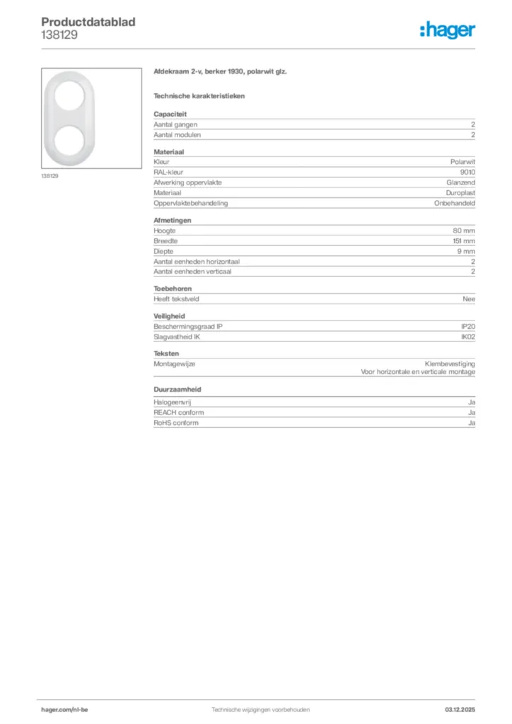 Afbeelding Hager Productdatablad 138129 | Hager Belgium