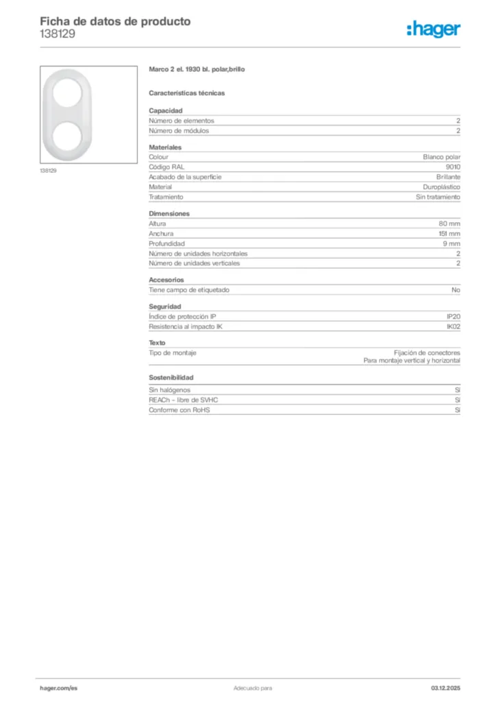 Imagen Hager Ficha de datos de producto 138129 | Hager España
