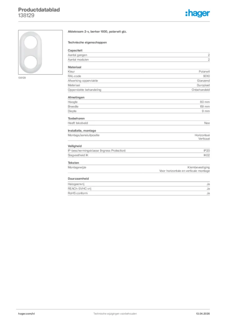 Afbeelding Hager Productdatablad 138129 | Hager Nederland