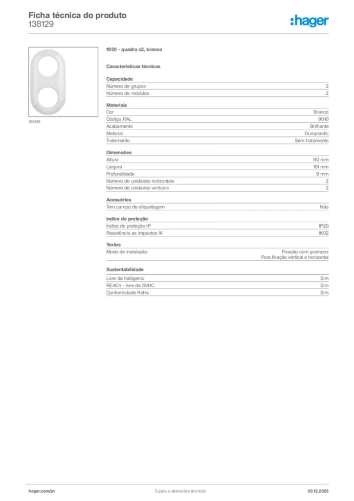 Imagem Hager Ficha técnica do produto 138129 | Hager Portugal