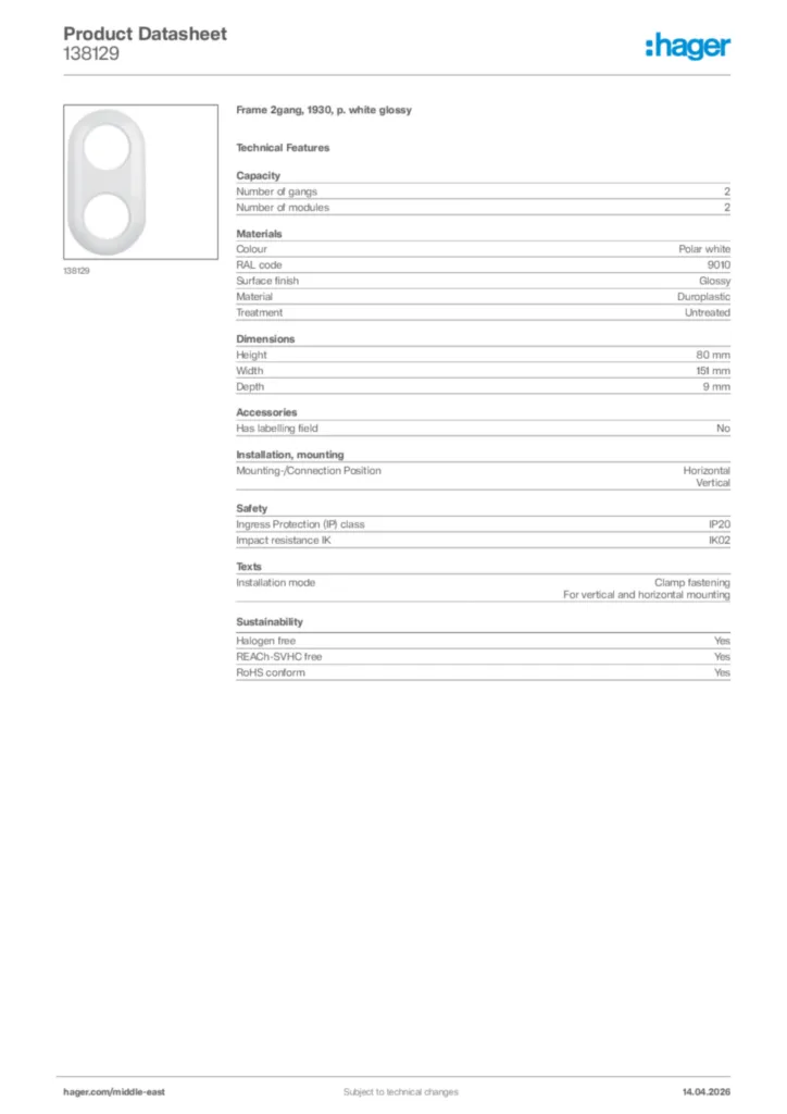 Image Hager Product data sheet 138129  | Hager