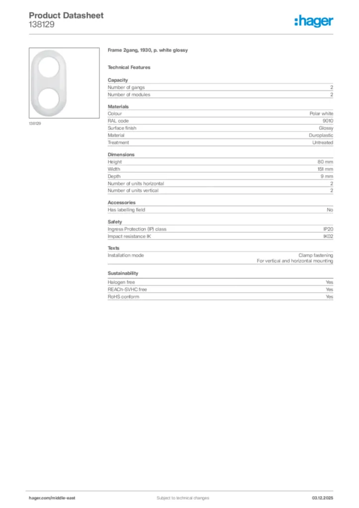 Image Hager Product data sheet 138129  | Hager