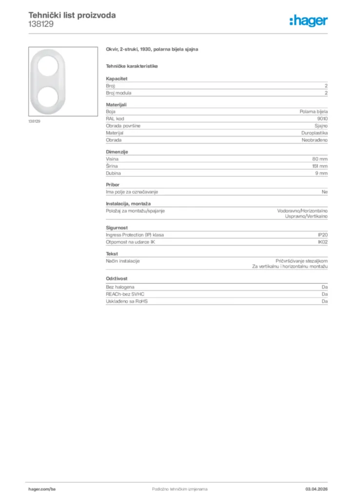 Slika Hager Tehnički list proizvoda 138129  | Hager
