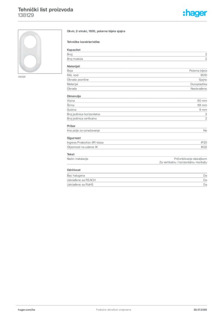 Slika Hager Product data sheet 138129  | Hager