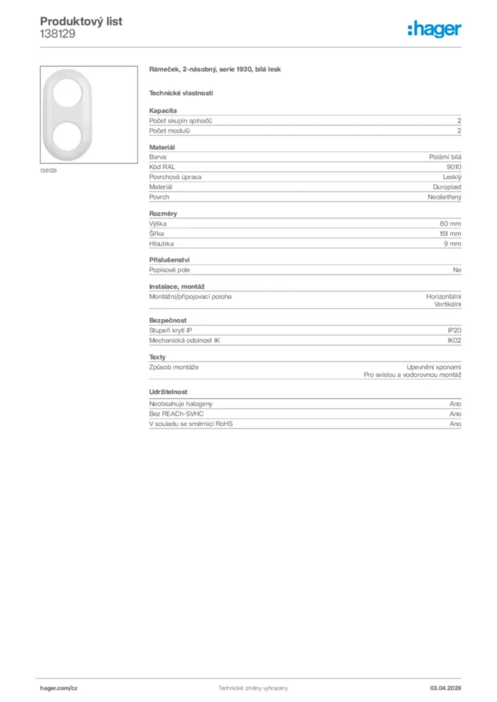 Obrázek Hager Product data sheet 138129 | Hager