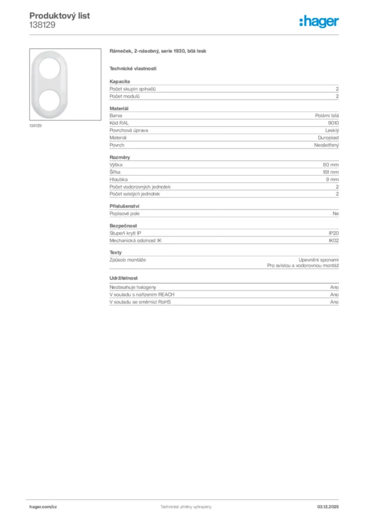 Obrázek Hager Product data sheet 138129 | Hager
