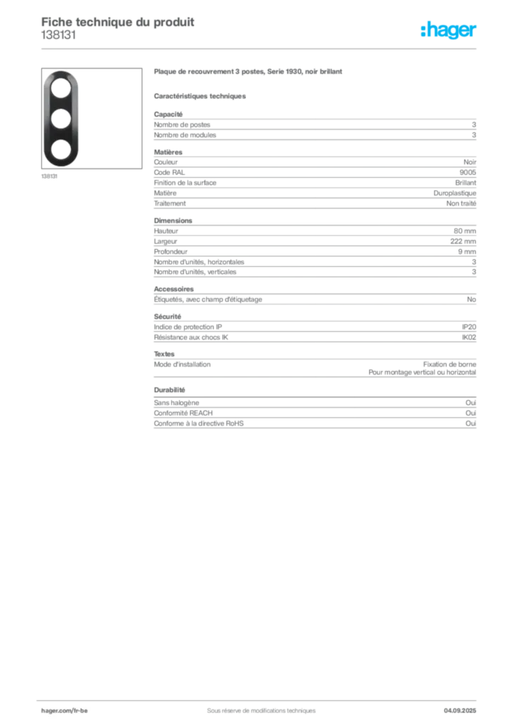 Image Hager Fiche technique du produit 138131 | Hager Belgique