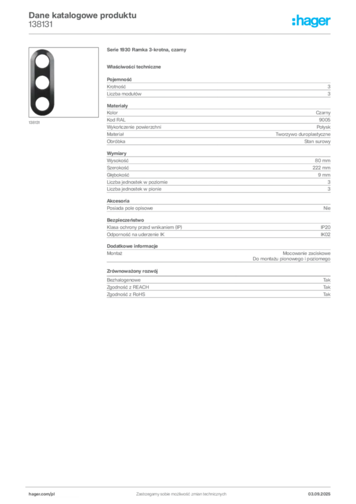 Zdjęcie Hager Dane katalogowe produktu 138131 | Hager Polska
