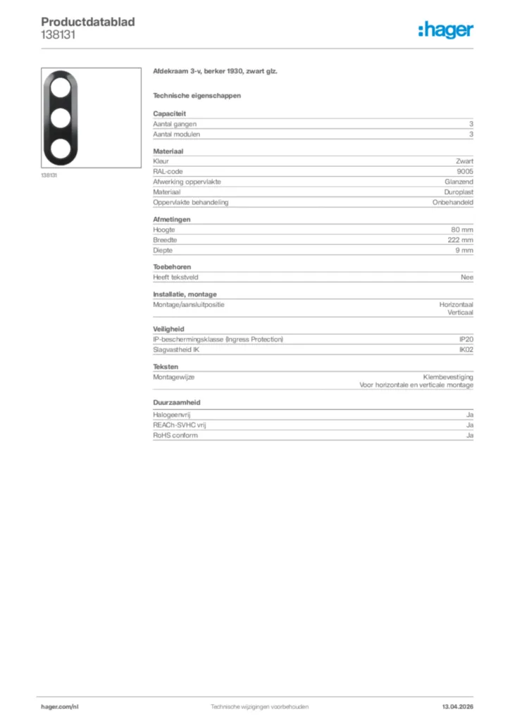 Afbeelding Hager Productdatablad 138131 | Hager Nederland