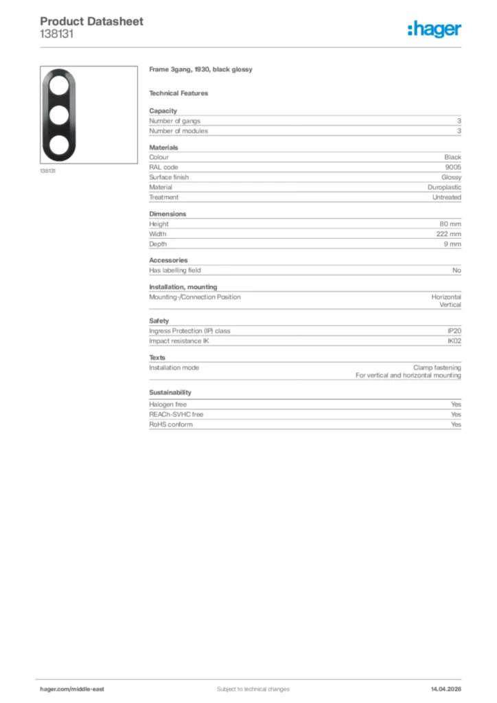 Image Hager Product data sheet 138131  | Hager