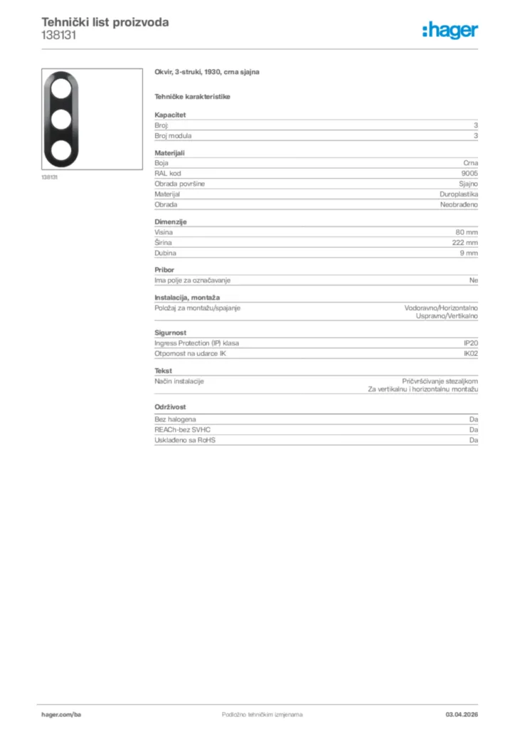 Slika Hager Tehnički list proizvoda 138131  | Hager