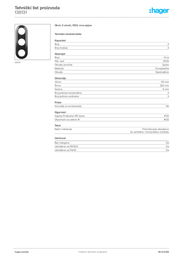 Slika Hager Product data sheet 138131  | Hager