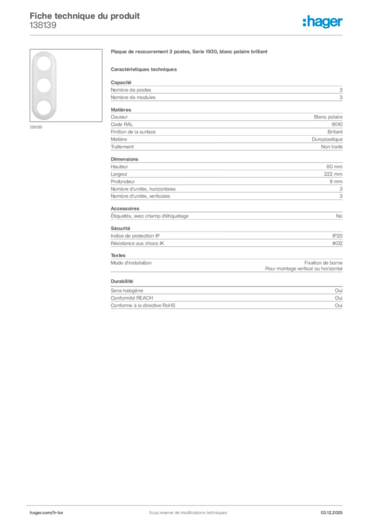 Image Hager Fiche technique du produit 138139 | Hager Belgique