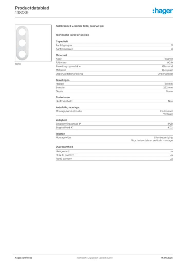 Afbeelding Hager Productdatablad 138139 | Hager Belgium