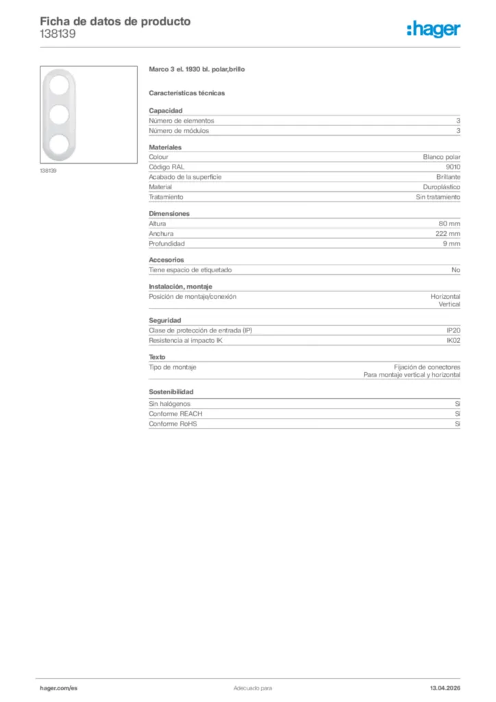 Imagen Hager Ficha de datos de producto 138139 | Hager España