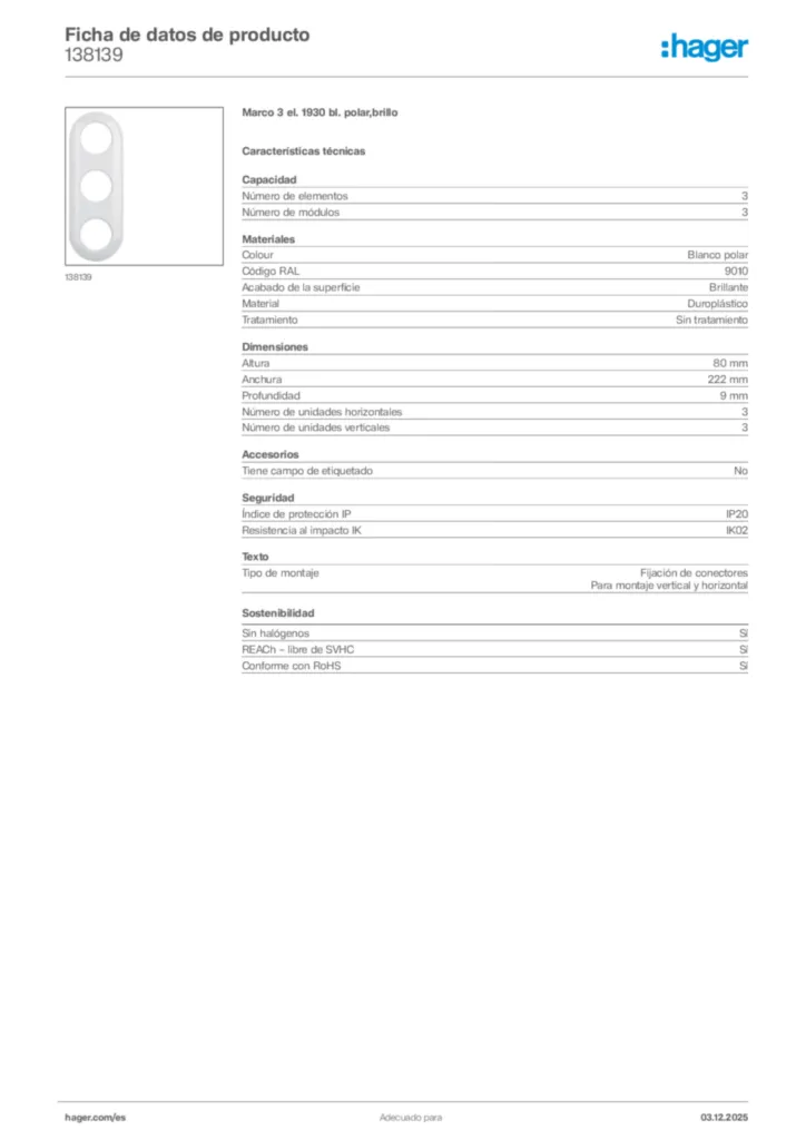 Imagen Hager Ficha de datos de producto 138139 | Hager España