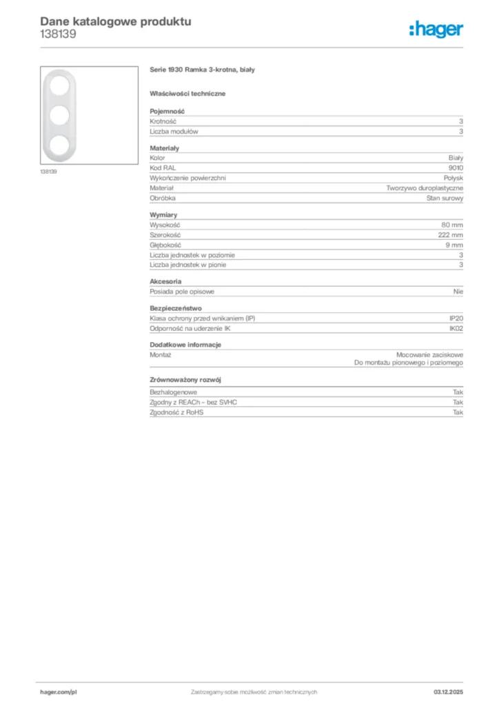 Zdjęcie Hager Dane katalogowe produktu 138139 | Hager Polska